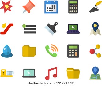 Color flat icon set trowel flat vector, putty knife, food processor, drop, phone call, calendar, computer file, calculator, laptop, spark, pushpin, escalator fector, location, share, menu, note