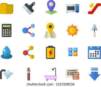 Color flat icon set trowel flat vector, shower, calculator, putty knife, microwave, sun, battery, drop, location, blood test, calendar, computer file, escalator fector, share, download