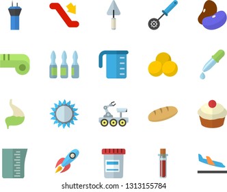 Icono plano color conjunto vectorial plano traviesa, taza de emasplante, cuchara de cocina, gas, legumbres, pan, quequitos, cohete, vial, pipeta, análisis de sangre, ampolla, estómago, resplandor lunar, píldoras, silbato, torre del aeropuerto
