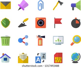 Color flat icon set trowel flat vector, ax, house, SIM card, computer chart, security fector, share, translate, clip, drawing pin, fire extinguisher, mouthpiece, magnifier, trash can, message, globe