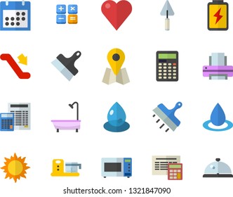Color flat icon set trowel flat vector, shower, calculator, putty knife, microwave, food processor, sun, battery, drop, location, heart, calendar, printer, escalator fector, jingle