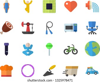 Color flat icon set trowel flat vector, cook hat, microwave, ham, lollipop, hose irrigation, oil pumping, earth, express delivery, heart, office chair, tie, cpu, bicycle, skipping rope, yoga, hoop