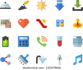 Color flat icon set trowel flat vector, shower, calculator, putty knife, sun, battery, laser, phone call, blood test, heart, copy machine, escalator fector, jingle, share, download, note