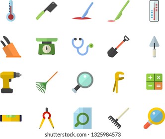 Color flat icon set trowel flat vector, tool, drill screwdriver, level meter, weighing machine, knives, thermometer, shovel, rake, dividers, calculator, stethoscope, scalpel, magnifier