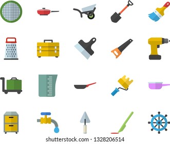 Color flat icon set trowel flat vector, drill screwdriver, saw, tool bag, paint brush, roller, putty knife, frying pan, saute, meashuring cup, sieve, grater, shovel, garden wheelbarrow, water tap