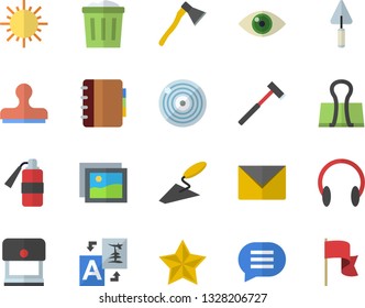 Color flat icon set trowel flat vector, ax, sun, gallery, translate, stamp, binder clip, fire extinguisher, trash can, envelope, chat, favorites, eye, notebook, target, headset