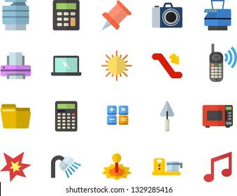 Color flat icon set trowel flat vector, shower, microwave, food processor, sun, laser, phone call, calculator, computer file, printer, copy machine, laptop, spark, pushpin, escalator fector, camera