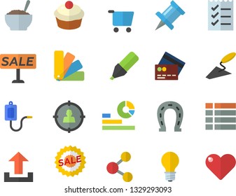 Color flat icon set trowel flat vector, color scheme, cupcake, porridge, horseshoe, lamp, grocery trolley, target audience, marker, statistics, sell out, medical warmer, to do list, share, menu