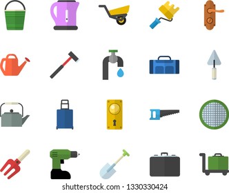 Color flat icon set trowel flat vector, drill screwdriver, paint roller, door lock, ax, teapot, electric kettle, sieve, pitchfork, shovel, saw, watering can, bucketful, garden wheelbarrow, water tap