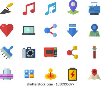 Color flat icon set trowel flat vector, putty knife, microwave, battery, laser, location, calculator, blood test, heart, printer, copy machine, laptop, camera fector, share, download, note