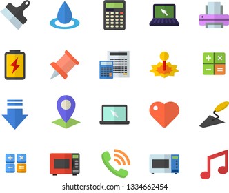 Color flat icon set trowel flat vector, calculator, putty knife, microwave, battery, drop, laser, location, phone call, heart, printer, laptop, pushpin, download, note
