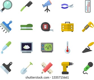 Color flat icon set trowel flat vector, drill screwdriver, tape measure, tool bag, putty knife, knives, temperature, thermometer, shovel, secateurs, trammel, pipette, ultrasound, stapler, magnifier