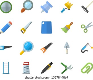 Color flat icon set trowel flat vector, saw, ladder, paint brush, roller, cutting board, sieve, grater, secateurs, rake, welding, magnifier, pencil, pen, pushpin, scissors, clip