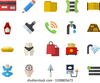 Color flat icon set trowel flat vector, shower, putty knife, fence, flooring, toaster, ketchup, pie, water tap, credit card, phone call, bags, ultrasound, computer file, pencil, brain fector, yoga