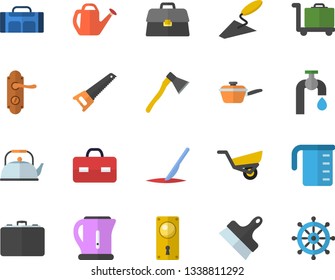 Color flat icon set trowel flat vector, saw, door lock, putty knife, ax, saute, meashuring cup, teapot, electric kettle, watering can, garden wheelbarrow, water tap, case, briefcase, scalpel