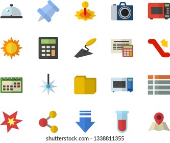 Color flat icon set trowel flat vector, calculator, microwave, sun, laser, blood test, calendar, computer file, spark, pushpin, escalator fector, camera, jingle, share, menu, download, location