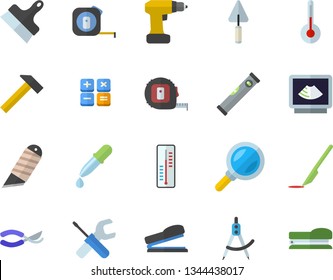Color flat icon set trowel flat vector, tool, drill screwdriver, tape measure, level meter, putty knife, stationery, hammer, temperature, thermometer, secateurs, dividers, magnifier, calculator
