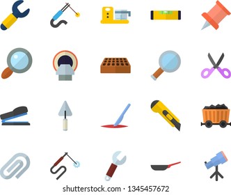 Color flat icon set trowel flat vector, level meter, brick, stationery knife, frying pan, scissors, food processor, welding, wrench, mining, magnifier, tomograph, scalpel, clip, stapler, pushpin