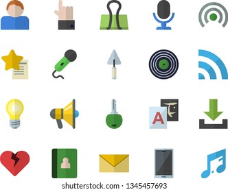 Color flat icon set trowel flat vector, broadcast, download, translate, binder clip, mouthpiece, envelope, microphone, mobile, user, indicate, heart, favorites, key, lamp, notebook, target, note