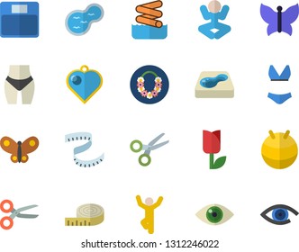 Color flat icon set tulip flat vector, butterflies, pond, pool, weighing machine, centimeter, waistline, fitball, swimsuit, yoga, gymnastics, hawaiian wreath fector, aquapark, heart pendant, eye