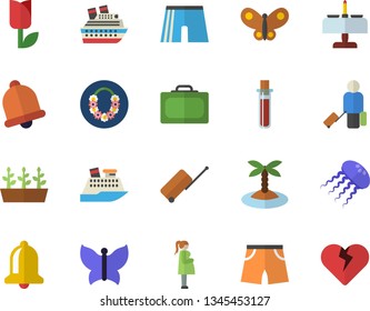 Color flat icon set tulip flat vector, seedlings, butterflies, blood test, gestation, athletic shorts, luggage  , suitcase, island, hawaiian wreath, romantic dinner, cruise ship, jellyfish