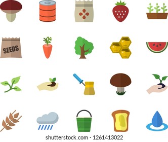 Color flat icon set turk flat vector, ear, canned food, watermelon, carrot, Strawberry, honeycomb, sandwich, mushroom, seeds, tree, seedlings, bucketful, rain, leaf, drop
