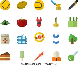Color flat icon set turk flat vector, potato, tomato, onion, piece of cake, ice cream, seeds, tree, fabric manufacture, person, sell out, pen, tennis ball, swimsuit, tent fector, key