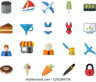 Color flat icon set turk flat vector, carrot, piece of cake, donut, ice cream, conveyor, pipe production, store front, funnel, person, sailboat, computer chart, pen, swimsuit, aircraft fector, lock