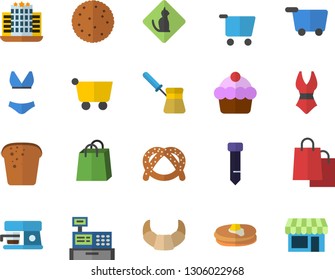 Color flat icon set turk flat vector, coffee machine, biscuit, pancakes, bagel, croissant, cake, bread, grocery trolley, bags, cash, tie, swimsuit, hotel fector, pets allowed, shop