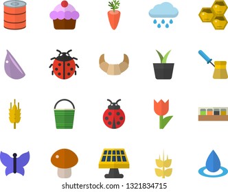 Color flat icon set turk flat vector, spice, croissant, cake, canned food, mushroom, carrot, garlic, honeycomb, ear, home plant, ladybird, bucketful, tulip, butterflies, rain, solar battery, drop