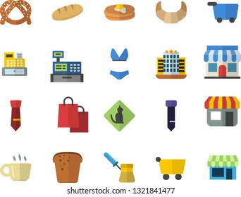 Color flat icon set turk flat vector, pancakes, bagel, croissant, bread, store front, grocery trolley, bags, cash machine, coffee, tie, swimsuit, hotel fector, pets allowed, shop