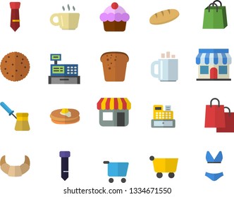 Color flat icon set turk flat vector, biscuit, pancakes, croissant, cake, bread, store front, grocery trolley, bags, cash machine, coffee, tie, swimsuit