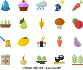 Color flat icon set turk flat vector, lemon, cake, mushroom, carrot, garlic, onion, fish rolls, sashimi, cranberry, pear, seeds, ear, seedlings, rain, solar battery, forest, drop
