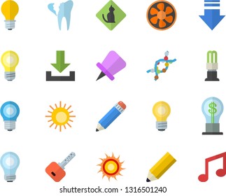 Color flat icon set ventilation flat vector, lamp, energy saving, idea, DNA, broken tooth, pencil, bulb, sun fector, pets allowed, download, drawing pin, key, note