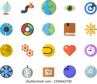 Color flat icon set ventilation flat vector, main pipeline, earth, clock, heart, clircle diagram, target, moon, globe, textbook, cogwheel, bowling ball, tennis, fector, disco, steering wheel, eye