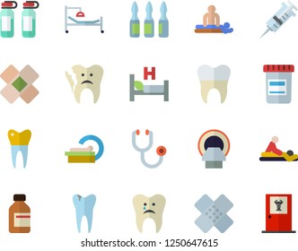 Color flat icon set vial flat vector, syringe, stethoscope, hospital bed, massage, patch, ampoule, tomograph, caries, broken tooth, dental crowns, doctor's office fector