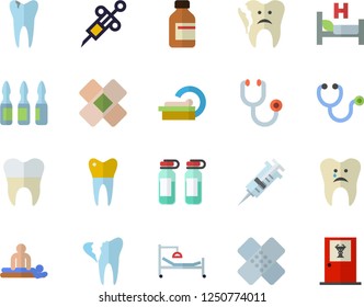 Color flat icon set vial flat vector, syringe, stethoscope, hospital bed, massage, patch, ampoule, tomograph, caries, broken tooth, dental crowns, doctor's office fector