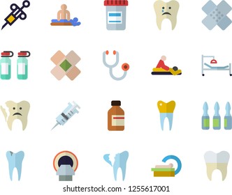 Color flat icon set vial flat vector, syringe, stethoscope, hospital bed, massage, patch, ampoule, tomograph, caries, broken tooth, dental crowns