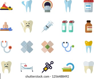 Color flat icon set vial flat vector, syringe, stethoscope, hospital bed, massage, patch, ampoule, tomograph, caries, broken tooth, dental crowns