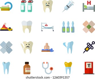 Color flat icon set vial flat vector, syringe, stethoscope, hospital bed, massage, patch, ampoule, tomograph, caries, broken tooth, dental crowns, doctor's office fector