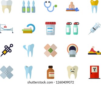 Color flat icon set vial flat vector, syringe, stethoscope, hospital bed, massage, patch, ampoule, tomograph, caries, broken tooth, dental crowns, doctor's office fector