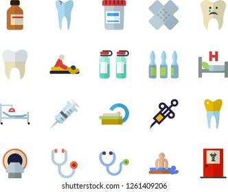 Color flat icon set vial flat vector, syringe, stethoscope, hospital bed, massage, patch, ampoule, tomograph, caries, dental crowns, doctor's office fector