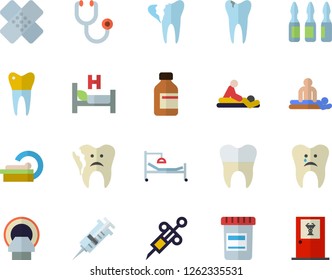 Color flat icon set vial flat vector, syringe, stethoscope, hospital bed, massage, patch, ampoule, tomograph, caries, broken tooth, dental crowns, doctor's office fector