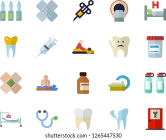 Color flat icon set vial flat vector, syringe, stethoscope, hospital bed, massage, patch, ampoule, tomograph, broken tooth, dental crowns, doctor's office fector