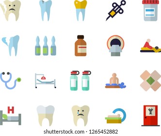 Color flat icon set vial flat vector, syringe, stethoscope, hospital bed, massage, patch, ampoule, tomograph, caries, broken tooth, dental crowns, doctor's office fector