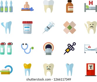 Color flat icon set vial flat vector, syringe, stethoscope, hospital bed, massage, patch, ampoule, tomograph, caries, broken tooth, dental crowns, doctor's office fector
