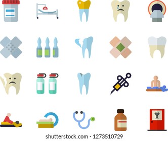 Color flat icon set vial flat vector, syringe, stethoscope, hospital bed, massage, patch, ampoule, tomograph, caries, broken tooth, dental crowns, doctor's office fector
