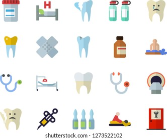 Color flat icon set vial flat vector, syringe, stethoscope, hospital bed, massage, patch, ampoule, tomograph, caries, broken tooth, dental crowns, doctor's office fector