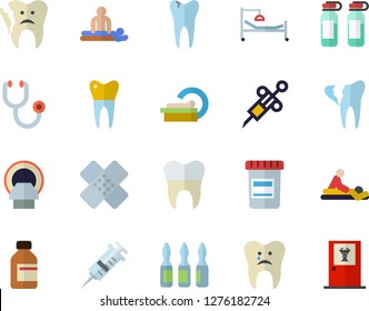 Color flat icon set vial flat vector, syringe, stethoscope, hospital bed, massage, patch, ampoule, tomograph, caries, broken tooth, dental crowns, doctor's office fector