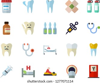 Color flat icon set vial flat vector, syringe, stethoscope, hospital bed, massage, patch, ampoule, tomograph, caries, broken tooth, dental crowns, doctor's office fector